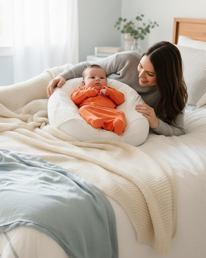 Moeder ligt op bed naast haar baby in de Sleepynest ivory