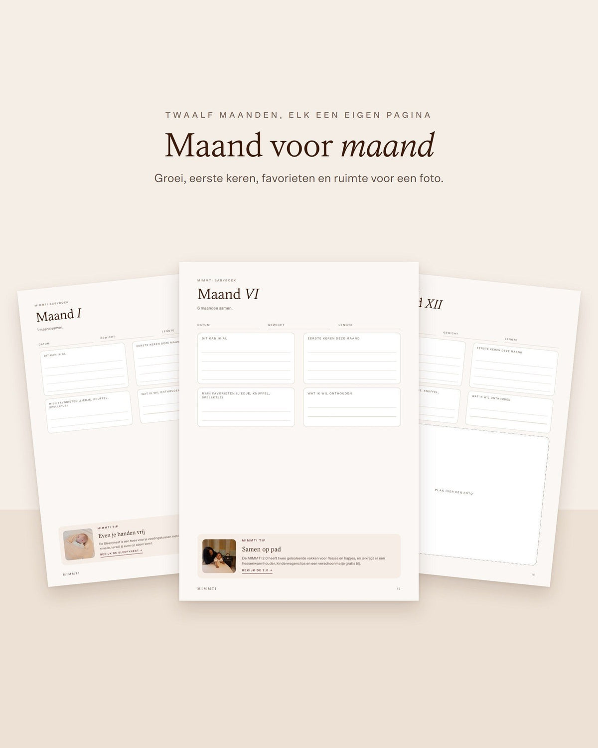 Maandpagina's van het MIMMTI babyboek, van maand I tot en met XII