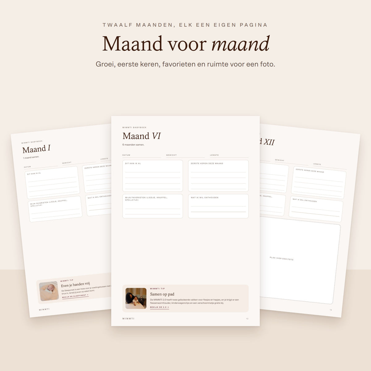 Maandpagina's van het MIMMTI babyboek, van maand I tot en met XII