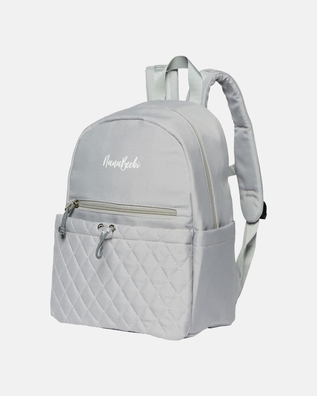 MIMMTI Kids Bag en Mini luiertas outlet in grijs met het oude NanaBeebi-logo, vooraanzicht