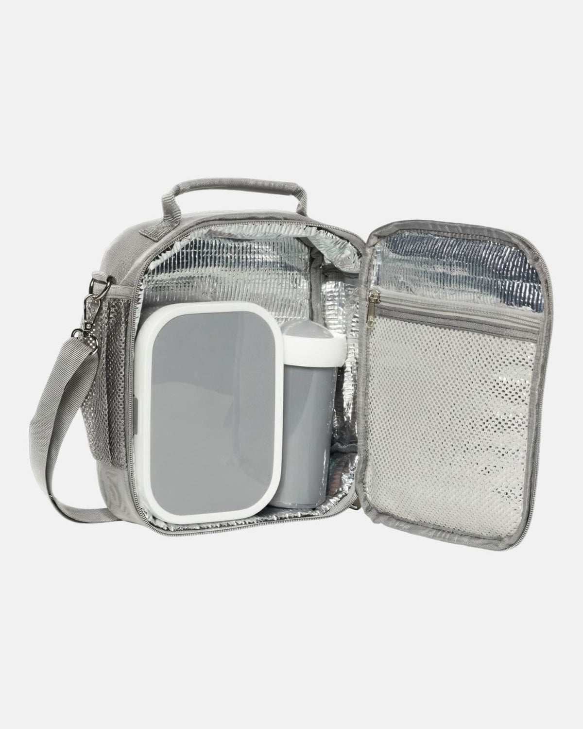 MIMMTI Kids Bag en Mini luiertas outlet in grijs, geïsoleerde lunchbag open met broodtrommel