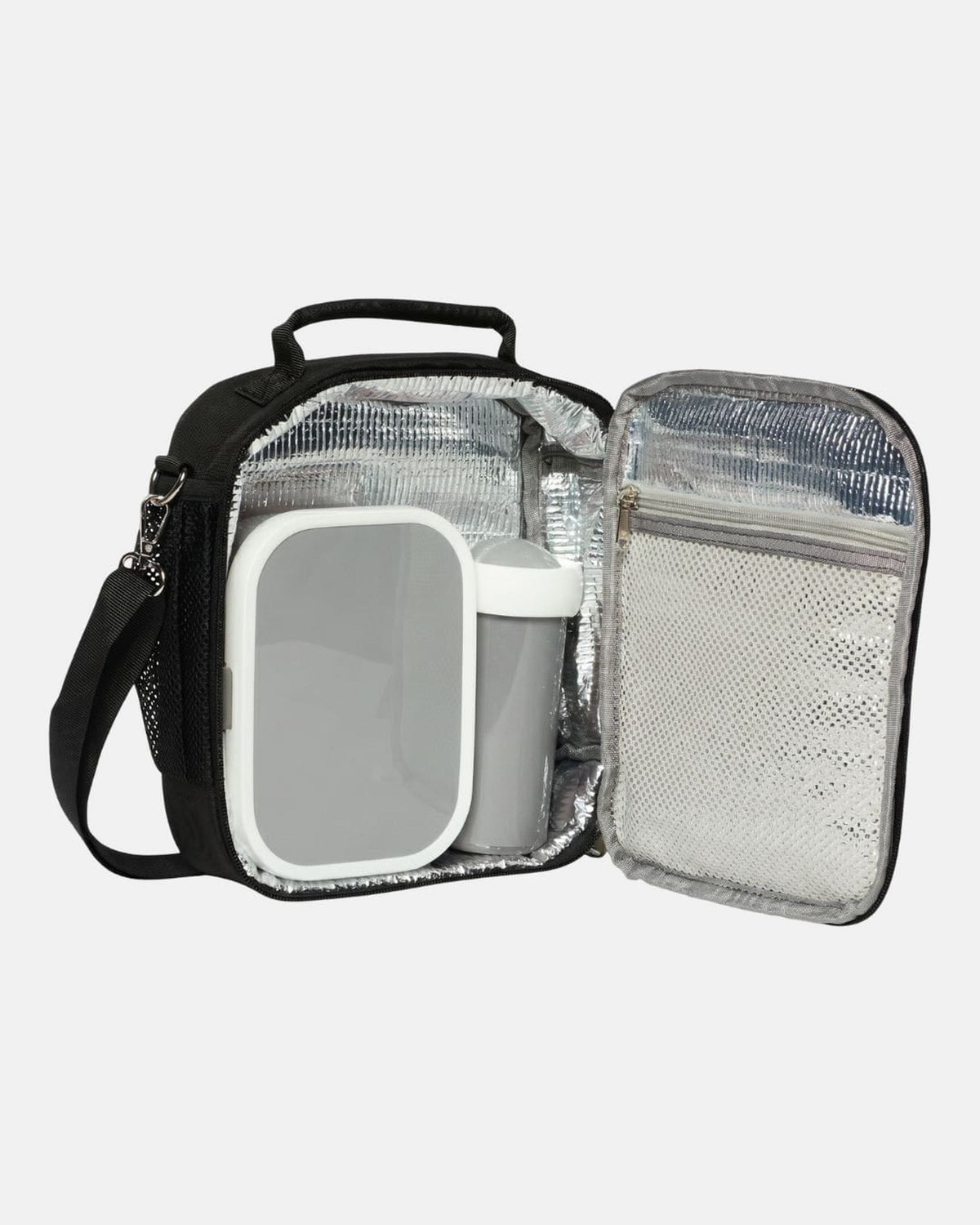 MIMMTI Kids Bag kinderrugzak in zwart, geïsoleerde lunchbag open met broodtrommel