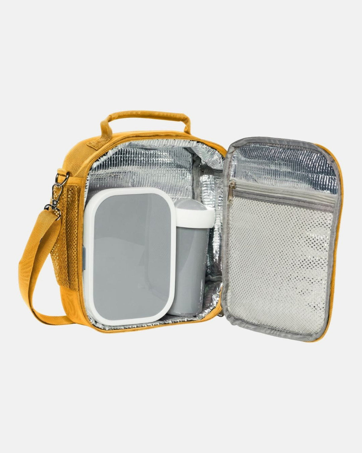 MIMMTI Kids Bag en Mini luiertas outlet in okergeel, geïsoleerde lunchbag open met broodtrommel