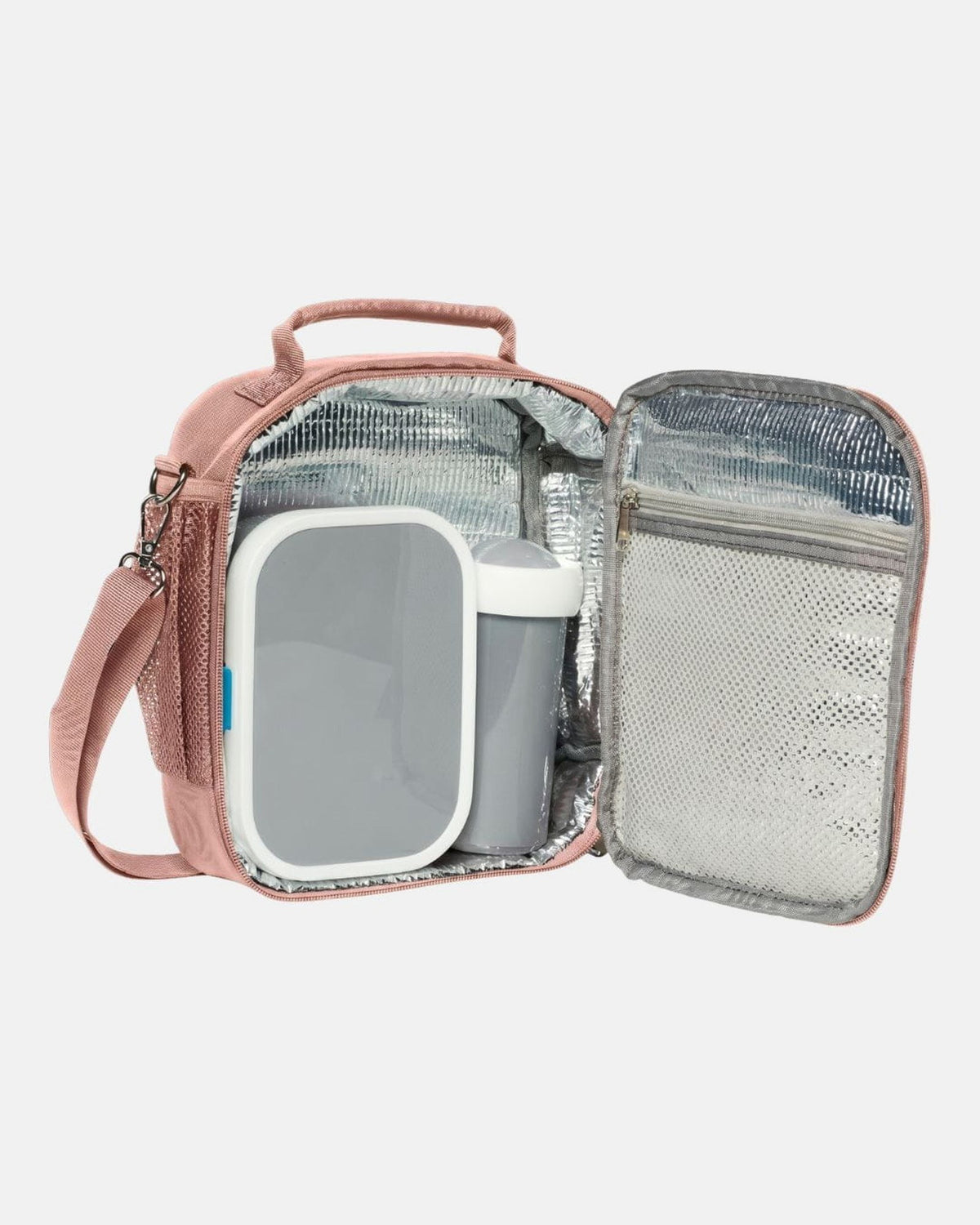 MIMMTI Mini luiertas in dusty roze, geïsoleerde lunchbag open met broodtrommel