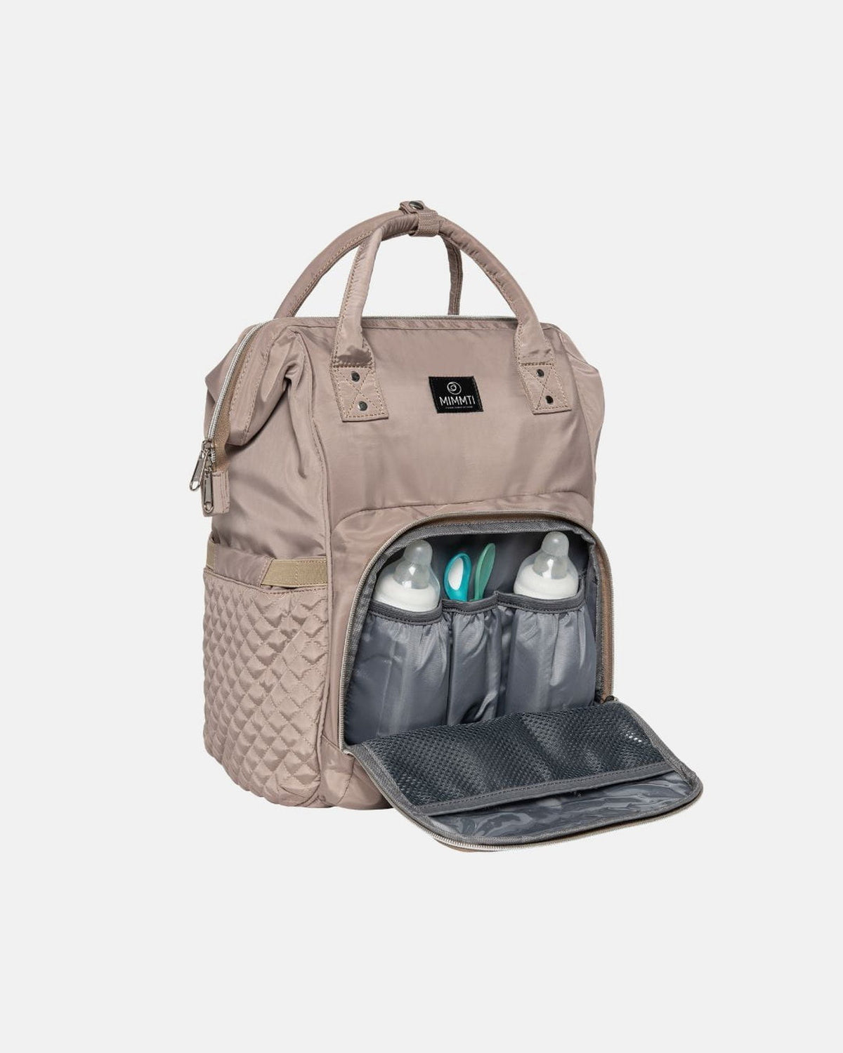 MIMMTI 1.0 luiertas rugzak in beige taupe, open geïsoleerd vak met flesjes