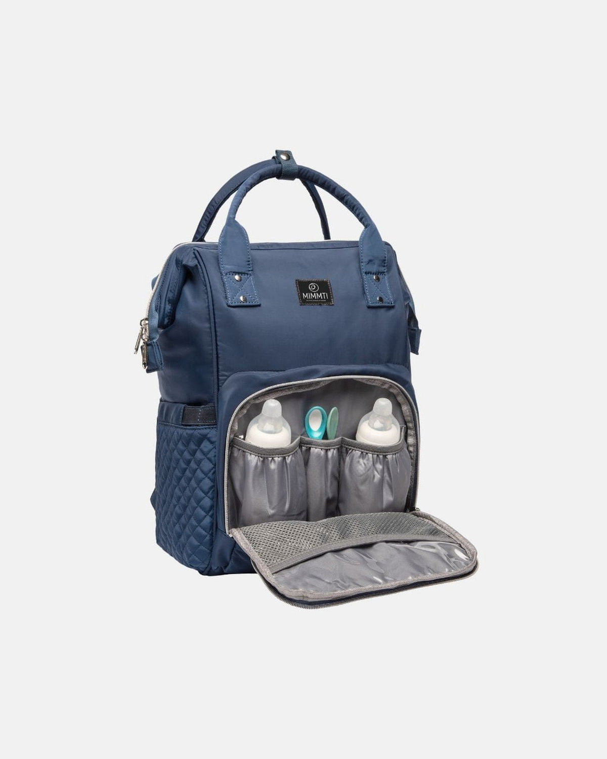 Blauw · MIMMTI 1.0 luiertas rugzak in blauw, open geïsoleerd vak met flesjes
