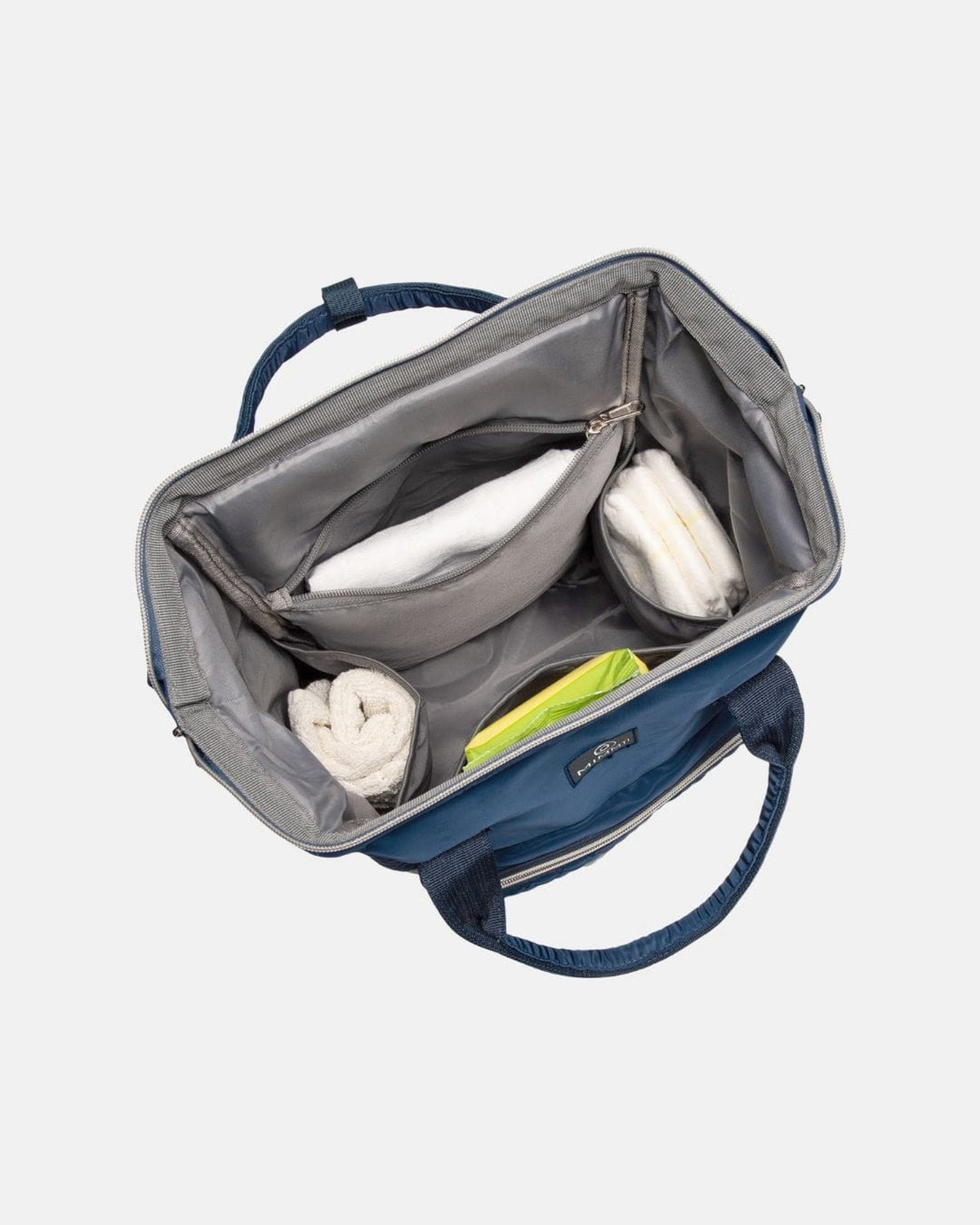 Blauw · MIMMTI 1.0 luiertas rugzak in blauw, open hoofdvak met vakken, van bovenaf
