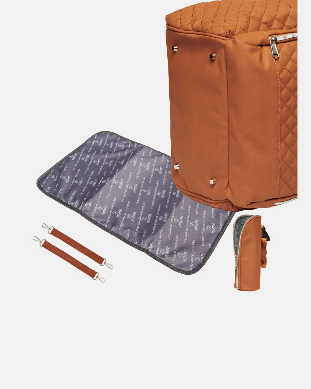 MIMMTI 2.0 luiertas rugzak in cognac, gratis verschoonmatje, clips en flessenwarmhouder
