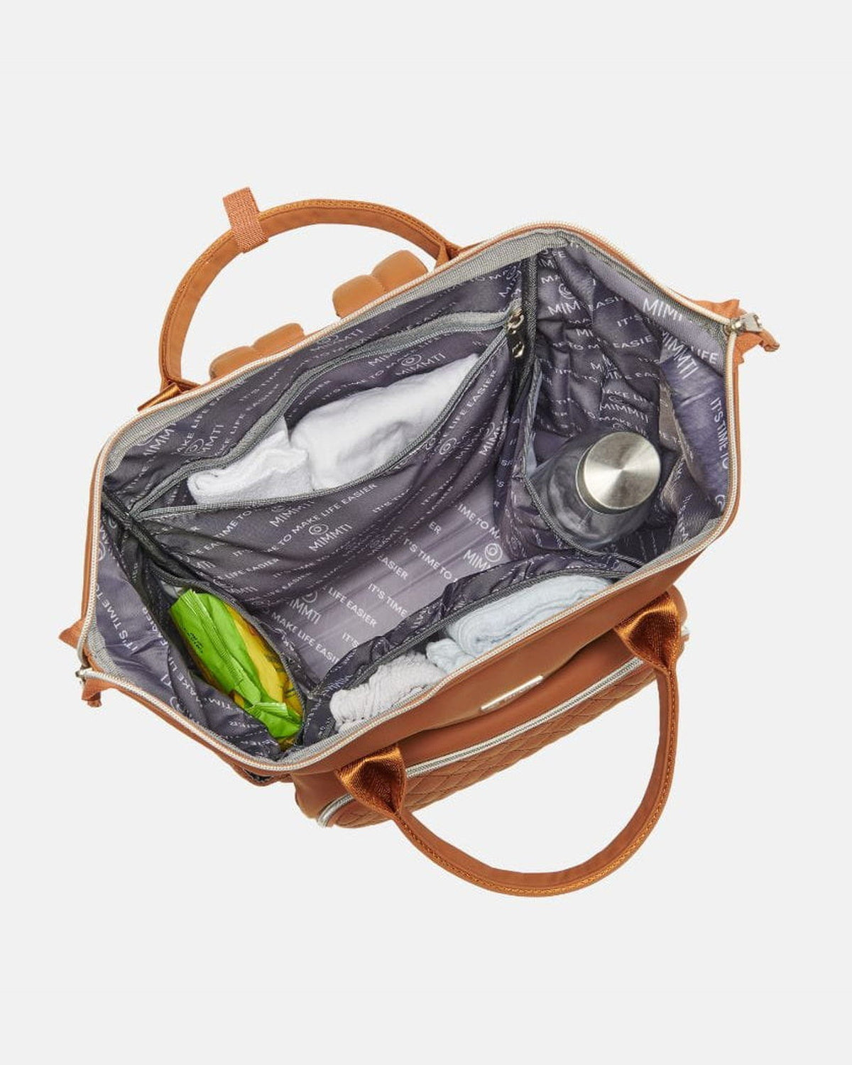 MIMMTI 2.0 luiertas rugzak in cognac, open met Stay-Open frame, van bovenaf