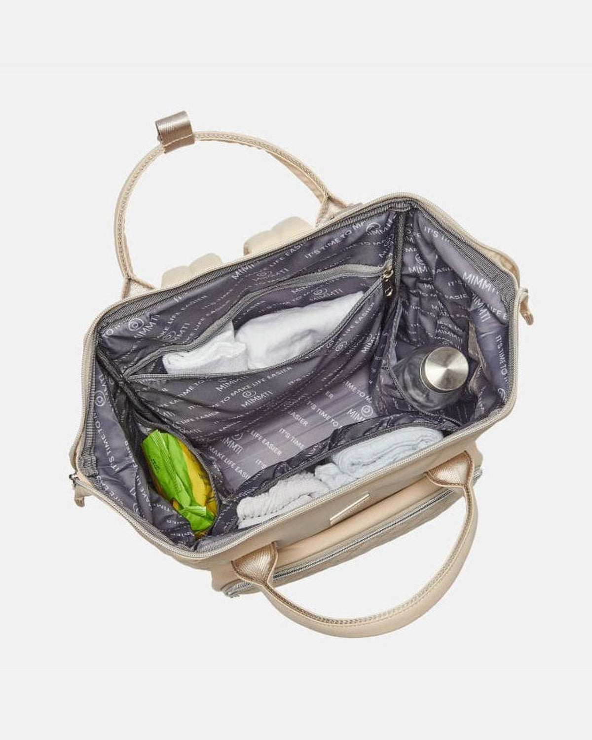 MIMMTI 2.0 luiertas rugzak in crème, open met Stay-Open frame, van bovenaf