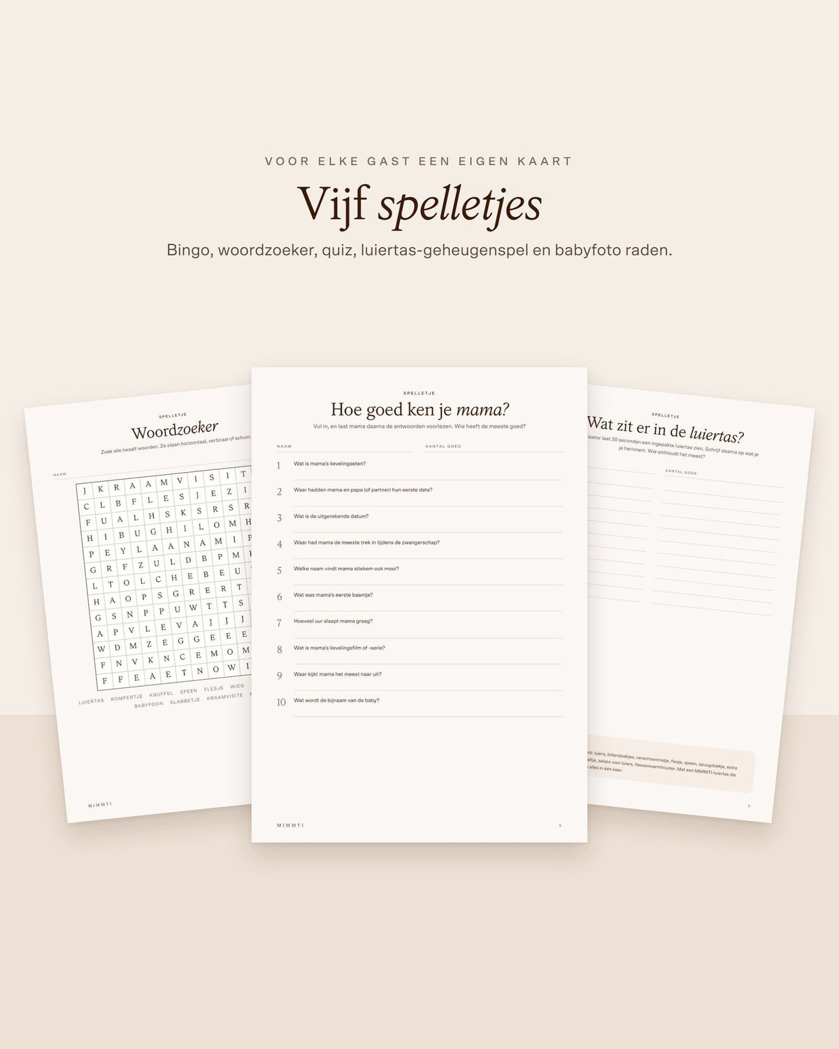 Babyshower spelletjes: woordzoeker, quiz Hoe goed ken je mama en luiertas-spel (vijf spelletjes)