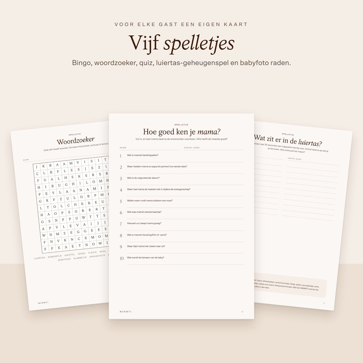 Babyshower spelletjes: woordzoeker, quiz Hoe goed ken je mama en luiertas-spel (vijf spelletjes)