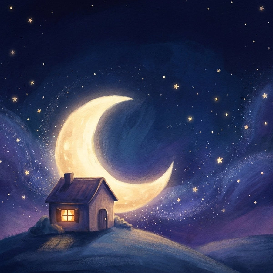 Little house under a big moon and starry sky