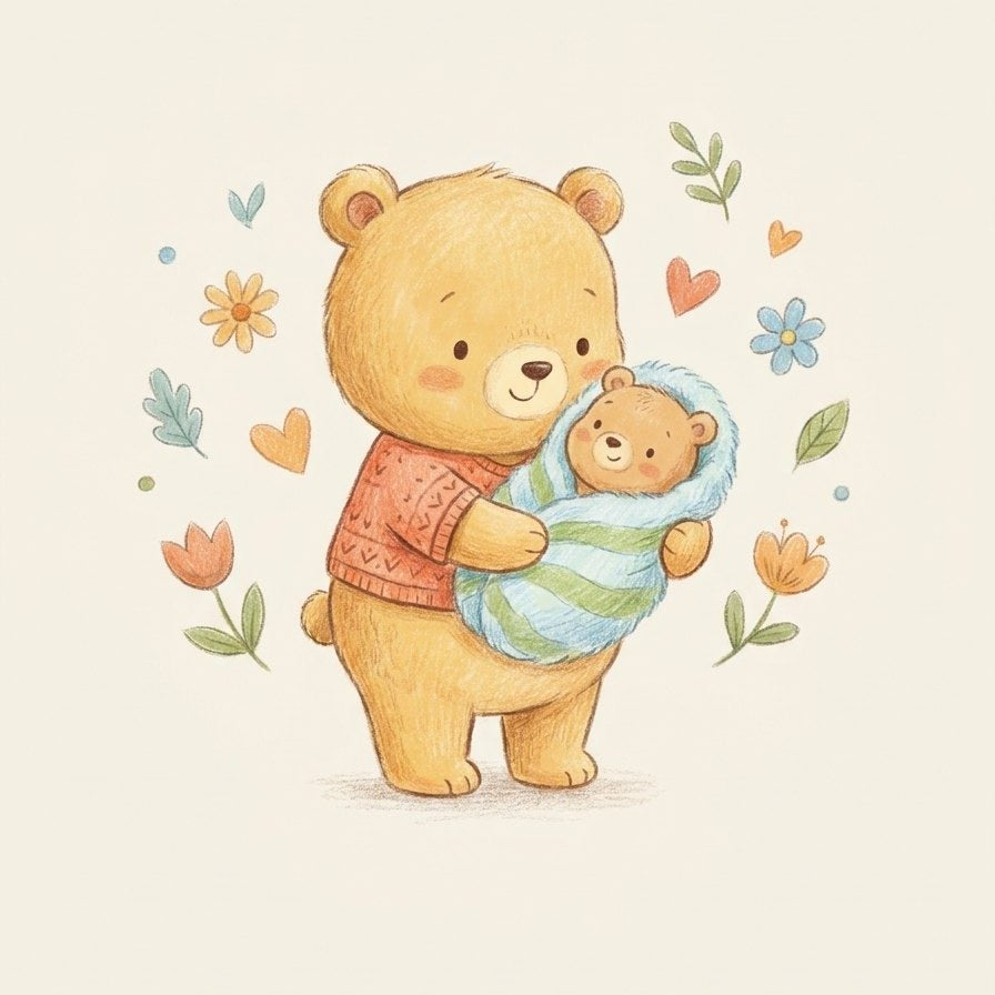 Drawn bear holding a baby