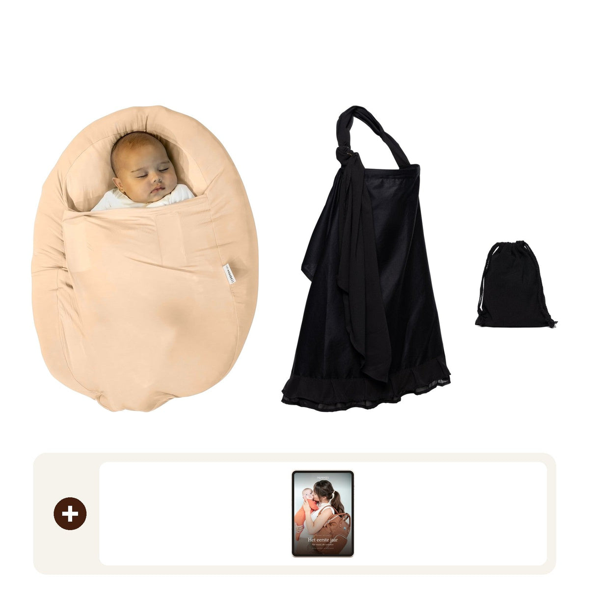 MIMMTI Kraampakket Borstvoeding: Sleepynest beige, voedingsdoek en babyboek