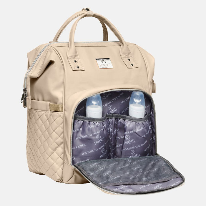 MIMMTI 2.0 luiertas rugzak in beige, open geïsoleerd vak met flesjes