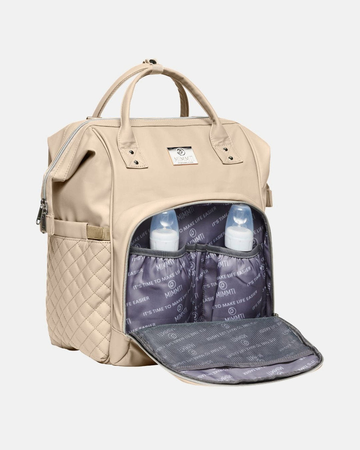 Beige · MIMMTI 2.0 luiertas rugzak in beige, open geïsoleerd vak met flesjes