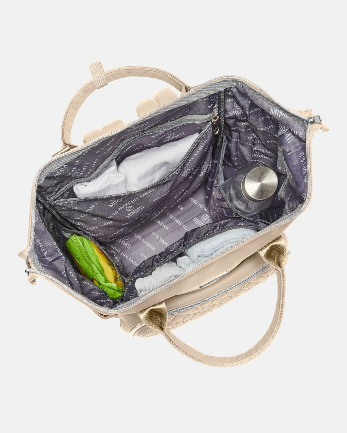 MIMMTI 2.0 luiertas rugzak in beige, open met Stay-Open frame, van bovenaf