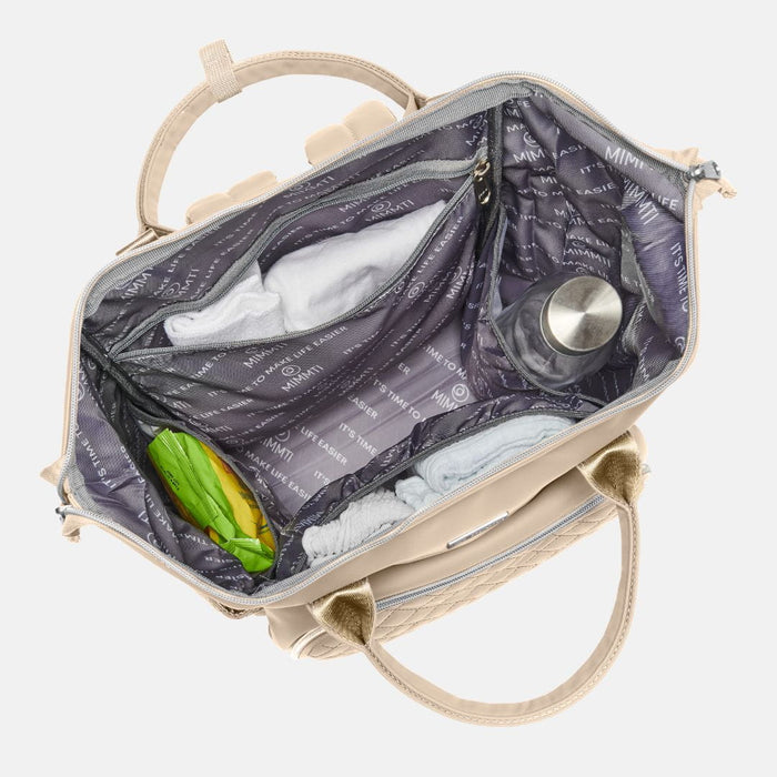 MIMMTI 2.0 luiertas rugzak in beige, open met Stay-Open frame, van bovenaf