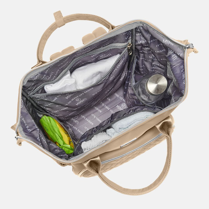 MIMMTI 2.0 luiertas rugzak in sand, open met Stay-Open frame, van bovenaf