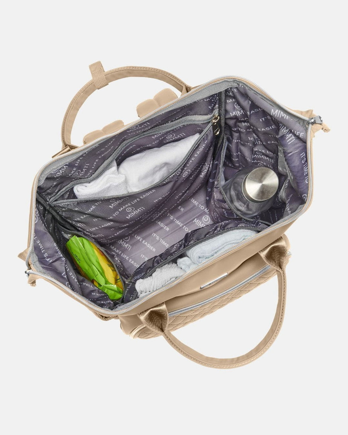 MIMMTI 2.0 luiertas rugzak in sand, open met Stay-Open frame, van bovenaf