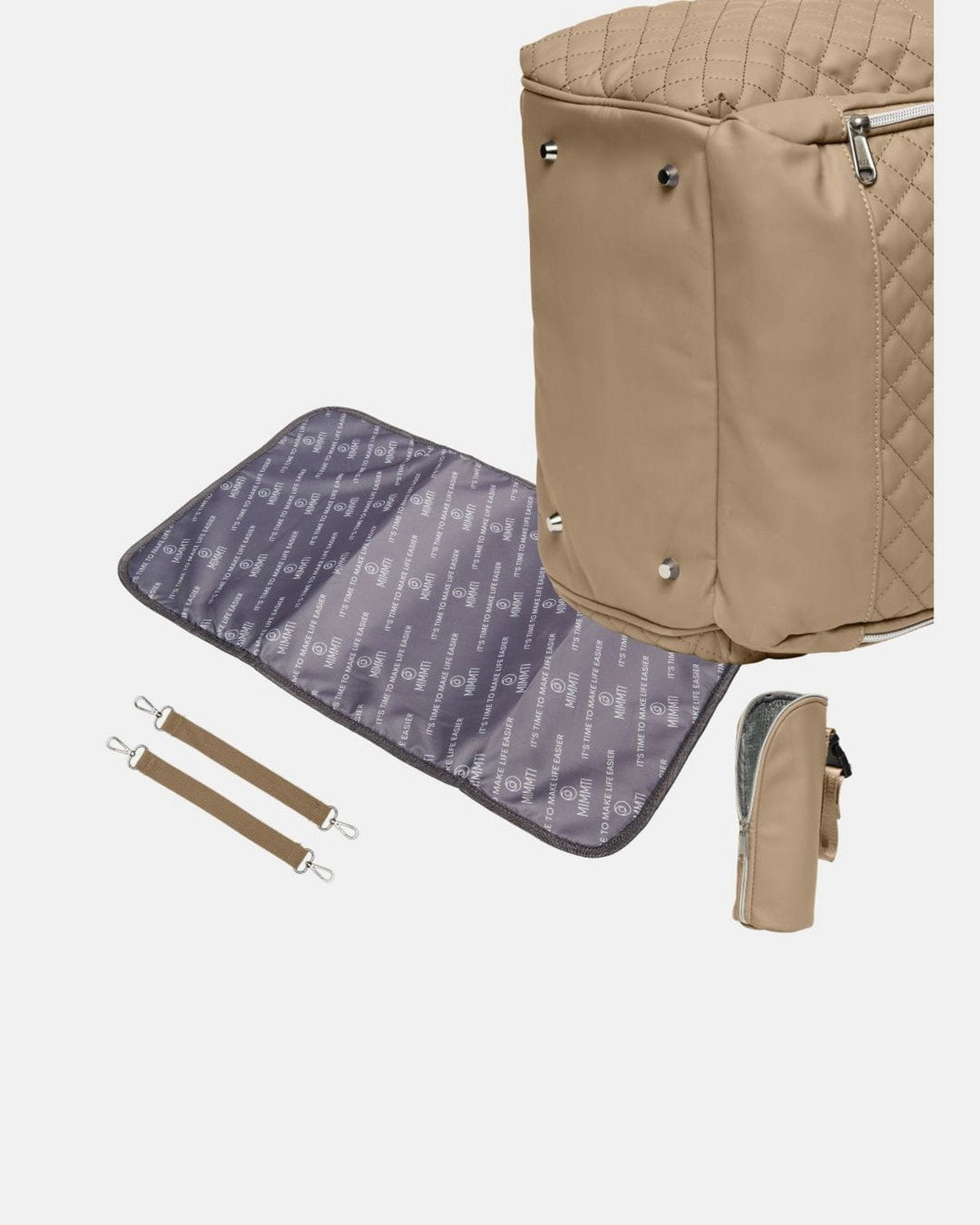 MIMMTI 2.0 luiertas rugzak in sand, gratis verschoonmatje, clips en flessenwarmhouder