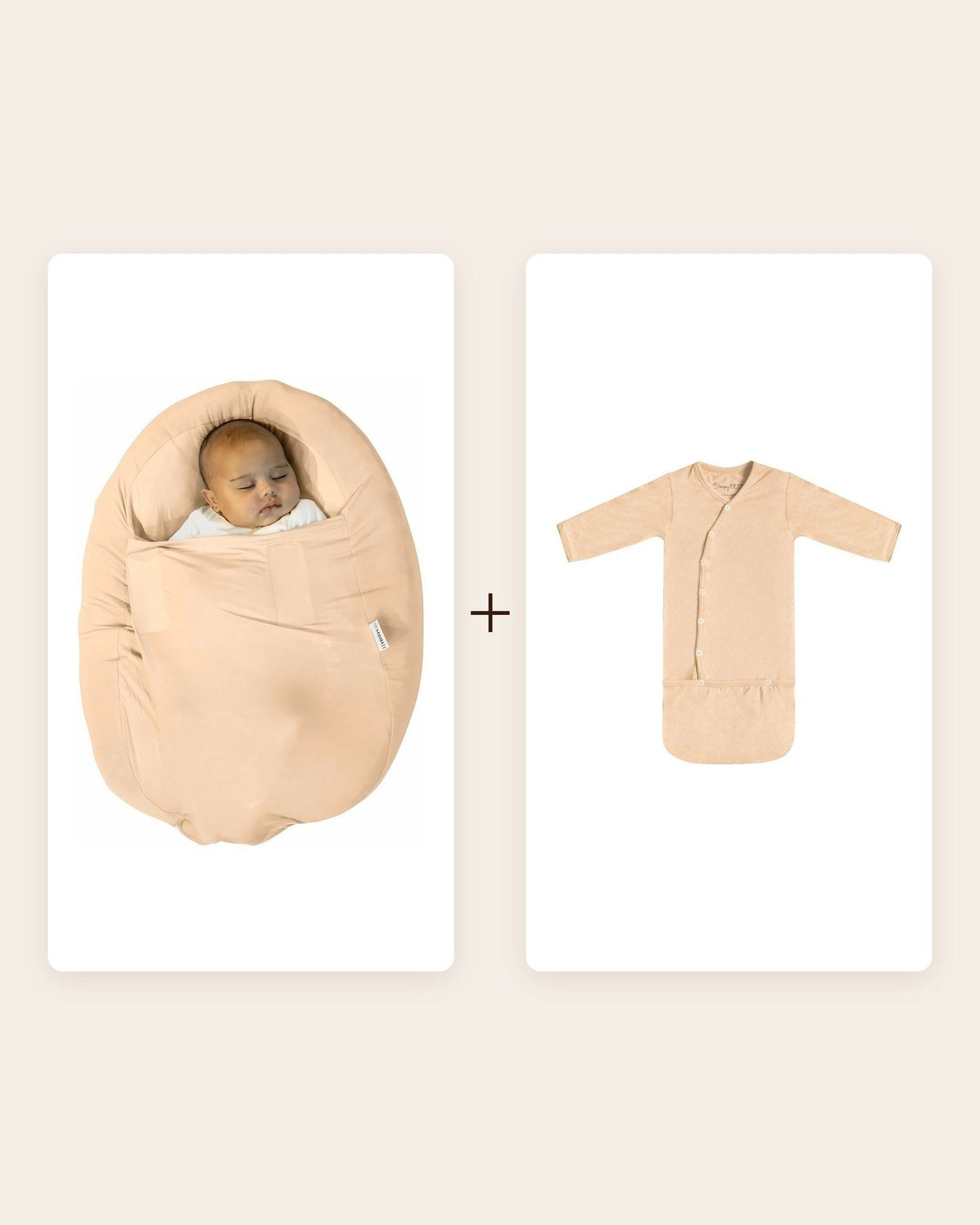 Rustpakket in beige: Sleepynest hoes voor je voedingskussen en de SleepyBeebi onesie