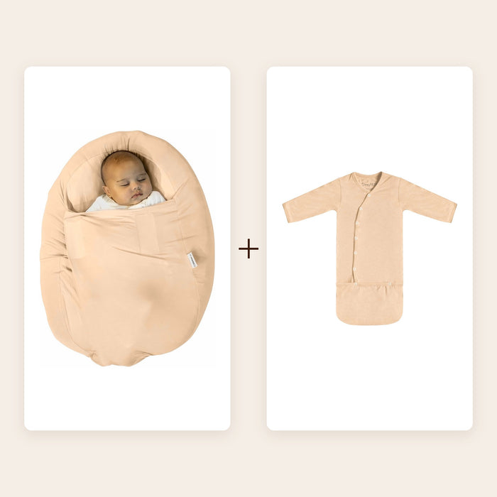 Rustpakket in beige: Sleepynest hoes voor je voedingskussen en de SleepyBeebi onesie