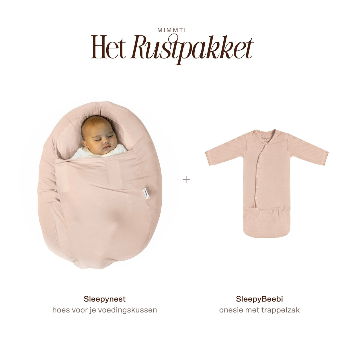 MIMMTI Rustpakket in beige: Sleepynest hoes voor voedingskussen en SleepyBeebi onesie