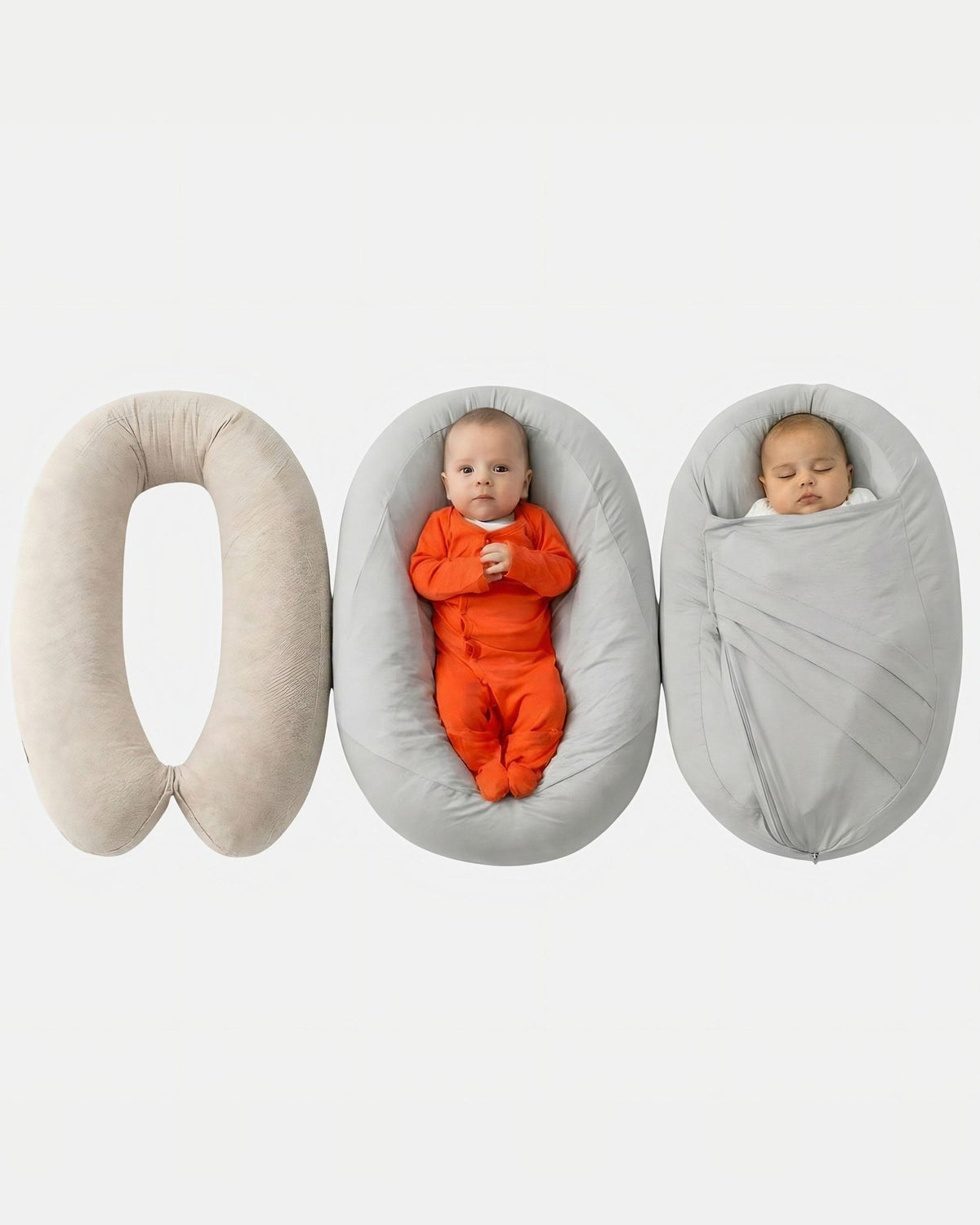 Sleepynest hoes voor je voedingskussen in grijs: kussen, hoes en ingebakerde baby
