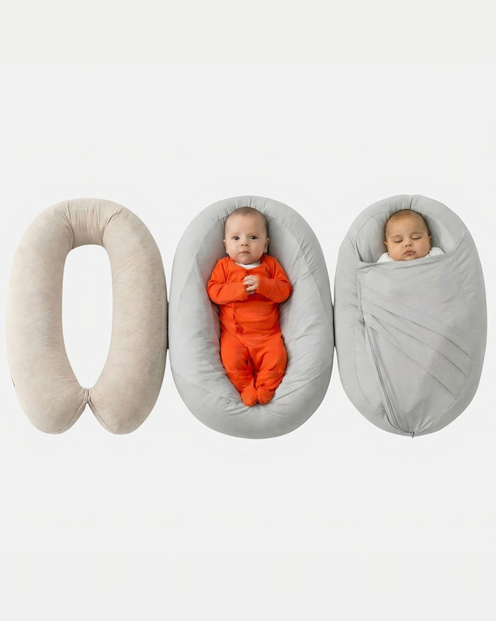 Sleepynest hoes voor je voedingskussen in grijs: kussen, hoes en ingebakerde baby