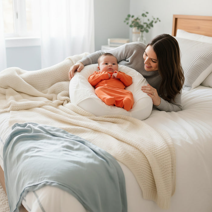 Moeder ligt op bed naast haar baby in de Sleepynest ivory