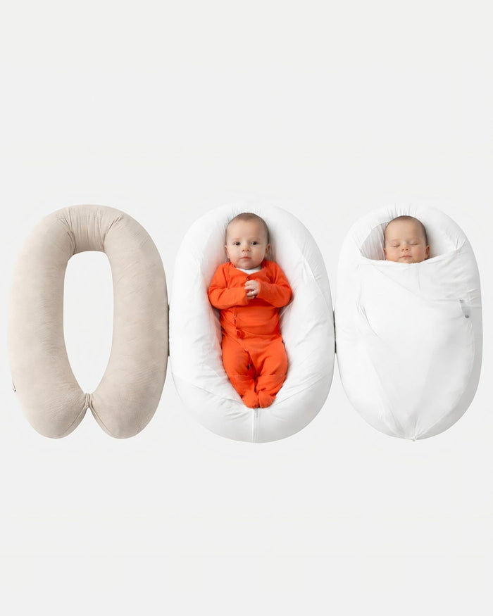 Sleepynest hoes voor je voedingskussen in ivory: kussen, hoes en ingebakerde baby