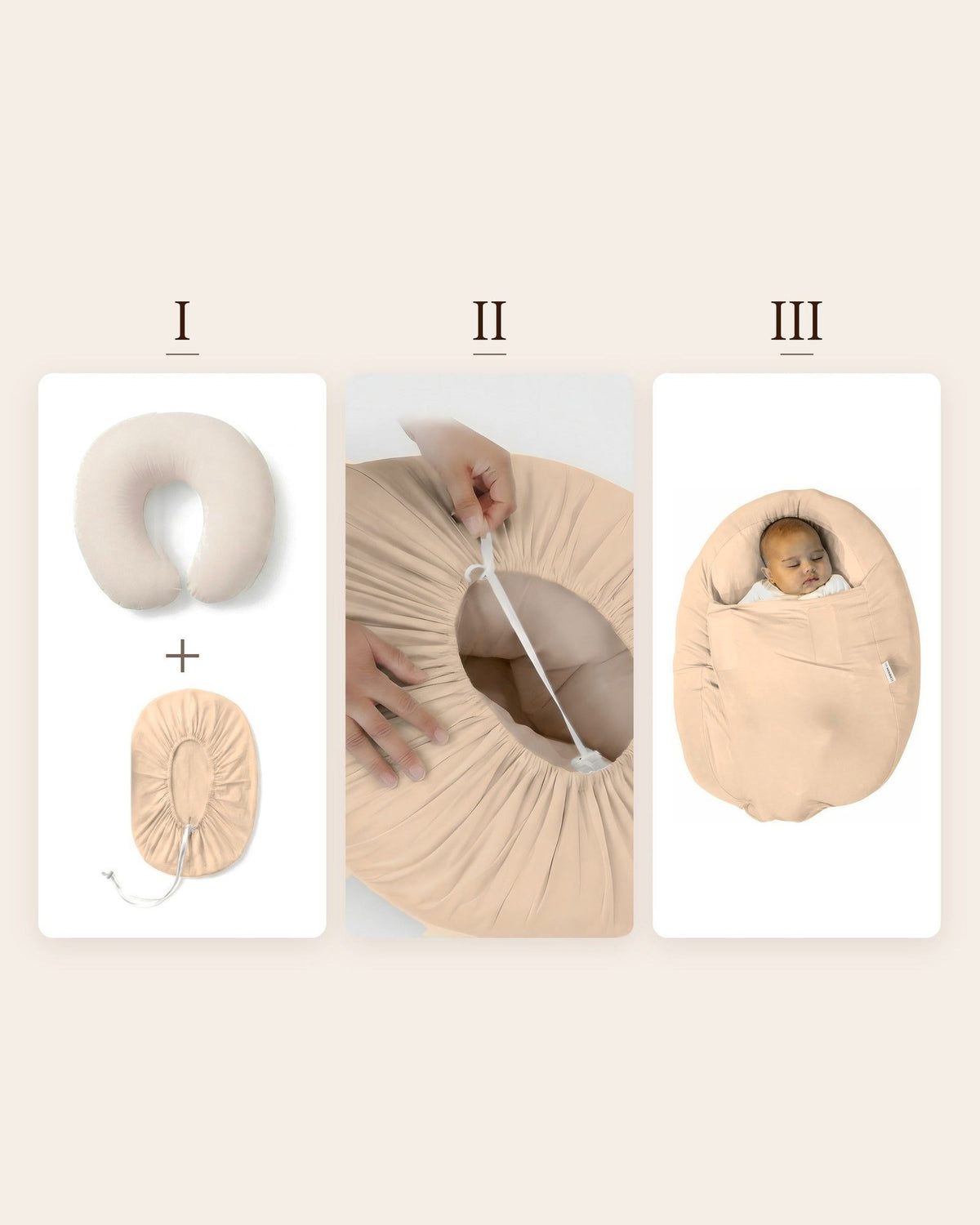 Zo werkt de Sleepynest beige: hoes over je voedingskussen, koord strak trekken, baby inbakeren