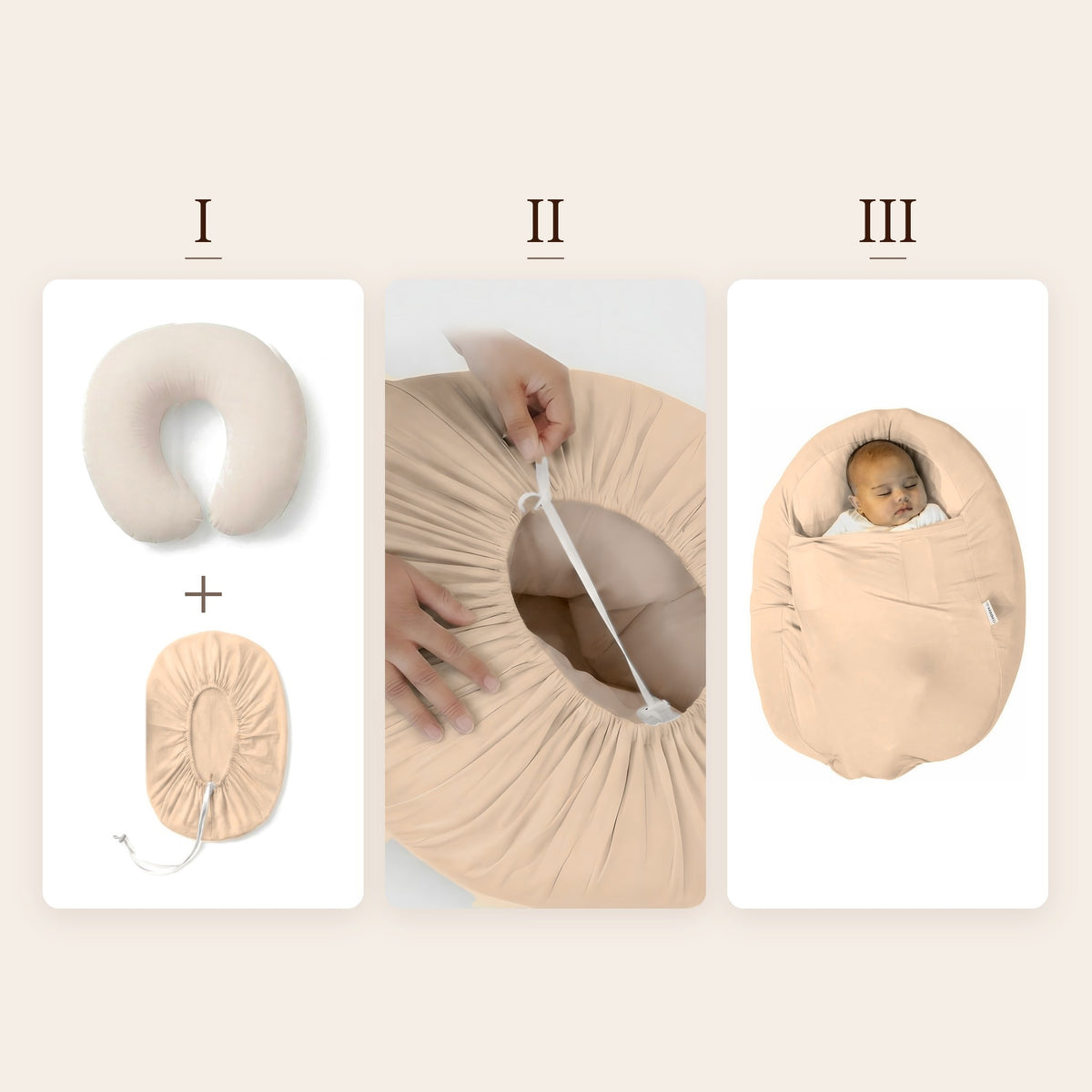 Zo werkt de Sleepynest beige: hoes over je voedingskussen, koord strak trekken, baby inbakeren