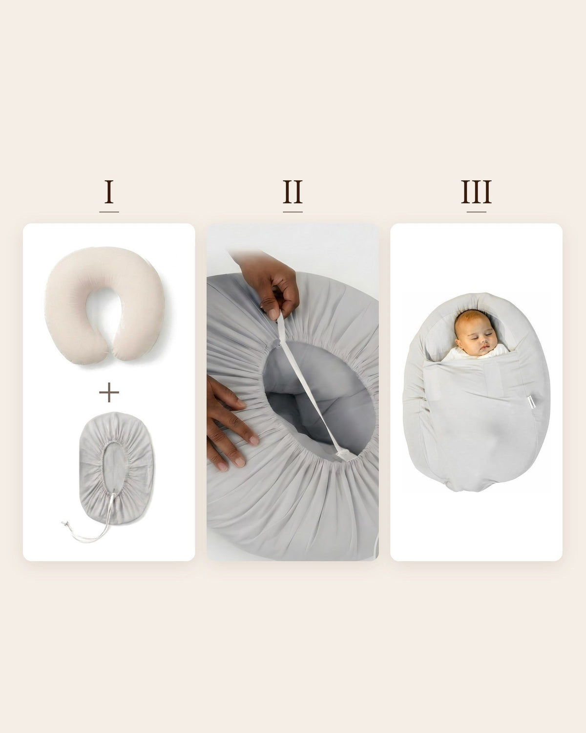 Zo werkt de Sleepynest grijs: hoes over je voedingskussen, koord strak trekken, baby inbakeren