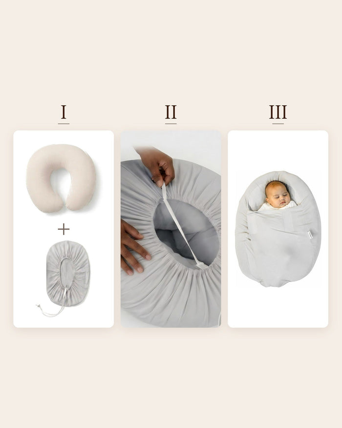 Zo werkt de Sleepynest grijs: hoes over je voedingskussen, koord strak trekken, baby inbakeren