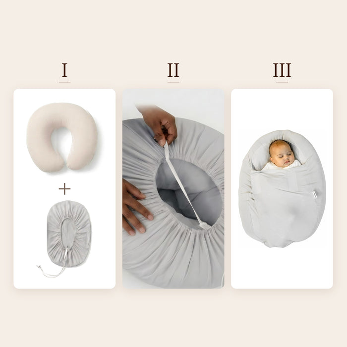 Zo werkt de Sleepynest grijs: hoes over je voedingskussen, koord strak trekken, baby inbakeren