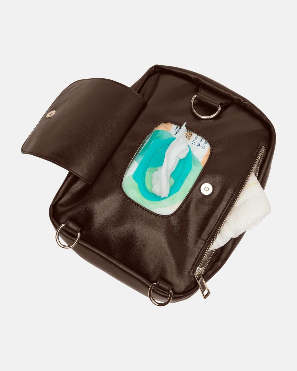 Espresso · MIMMTI Zoya luiertas in espresso, achtervak open met doekjes binnen handbereik