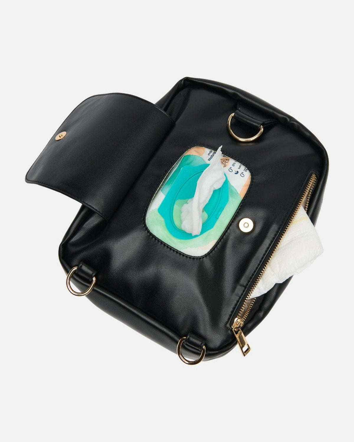 Zwart · MIMMTI Zoya luiertas in zwart, achtervak open met doekjes binnen handbereik