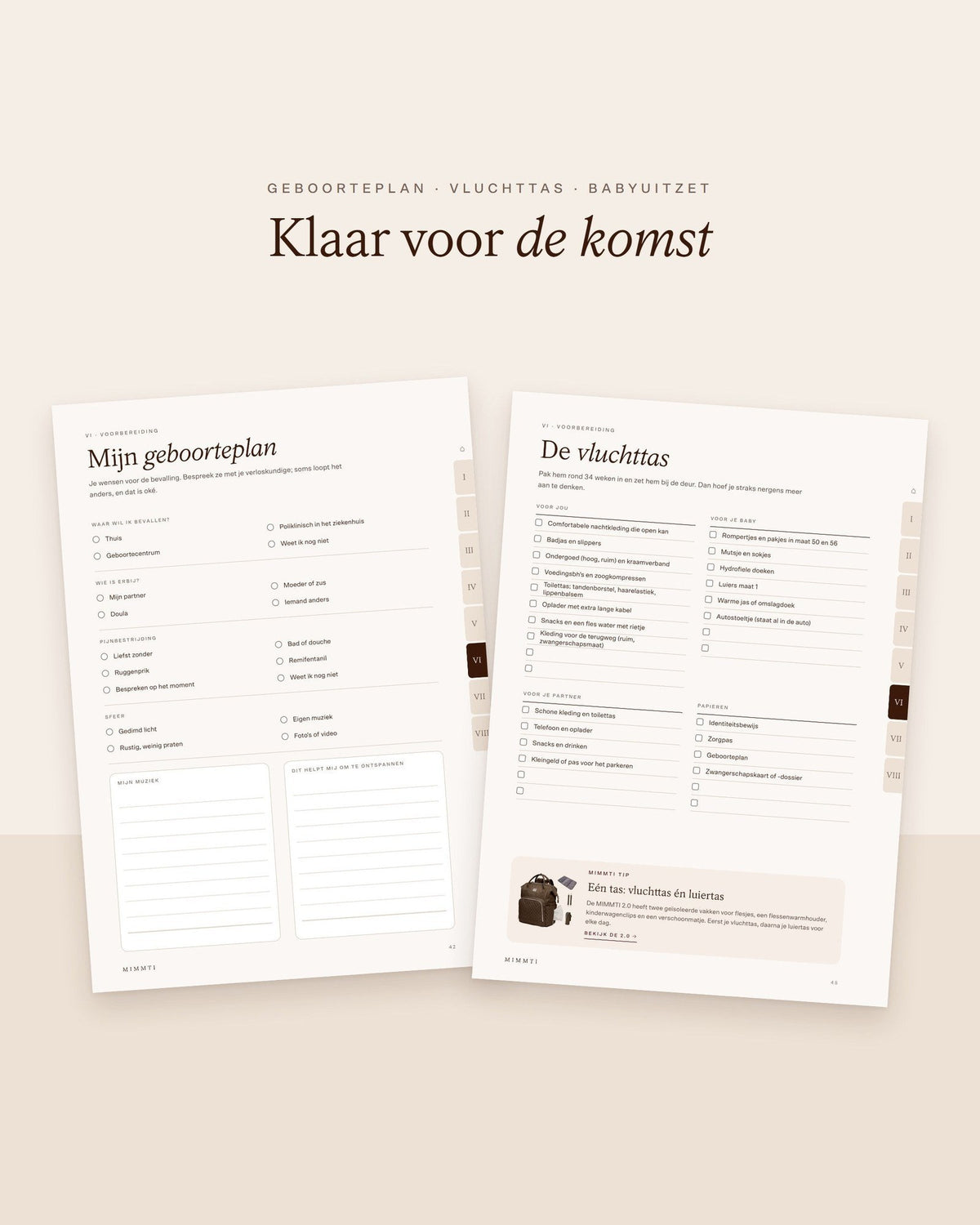 Geboorteplan en vluchttas-checklist uit de MIMMTI zwangerschapsplanner