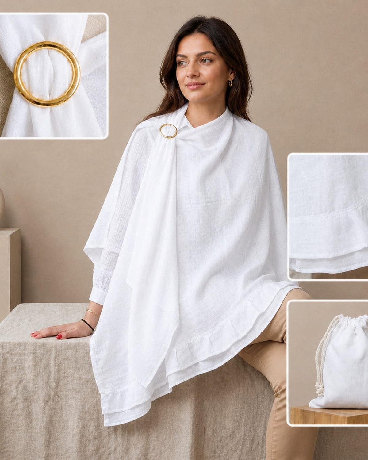 MIMMTI voedingsdoek ivory als poncho gedragen, met ring en opbergzakje