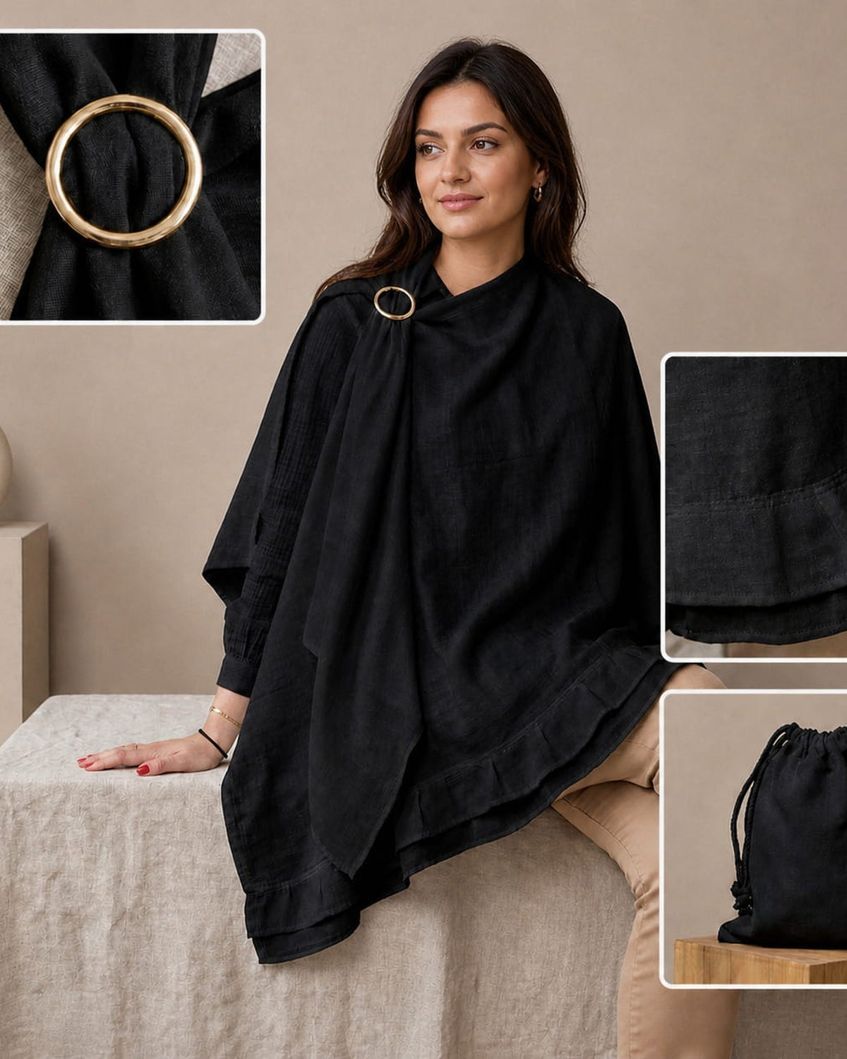 MIMMTI voedingsdoek zwart als poncho gedragen, met ring en opbergzakje