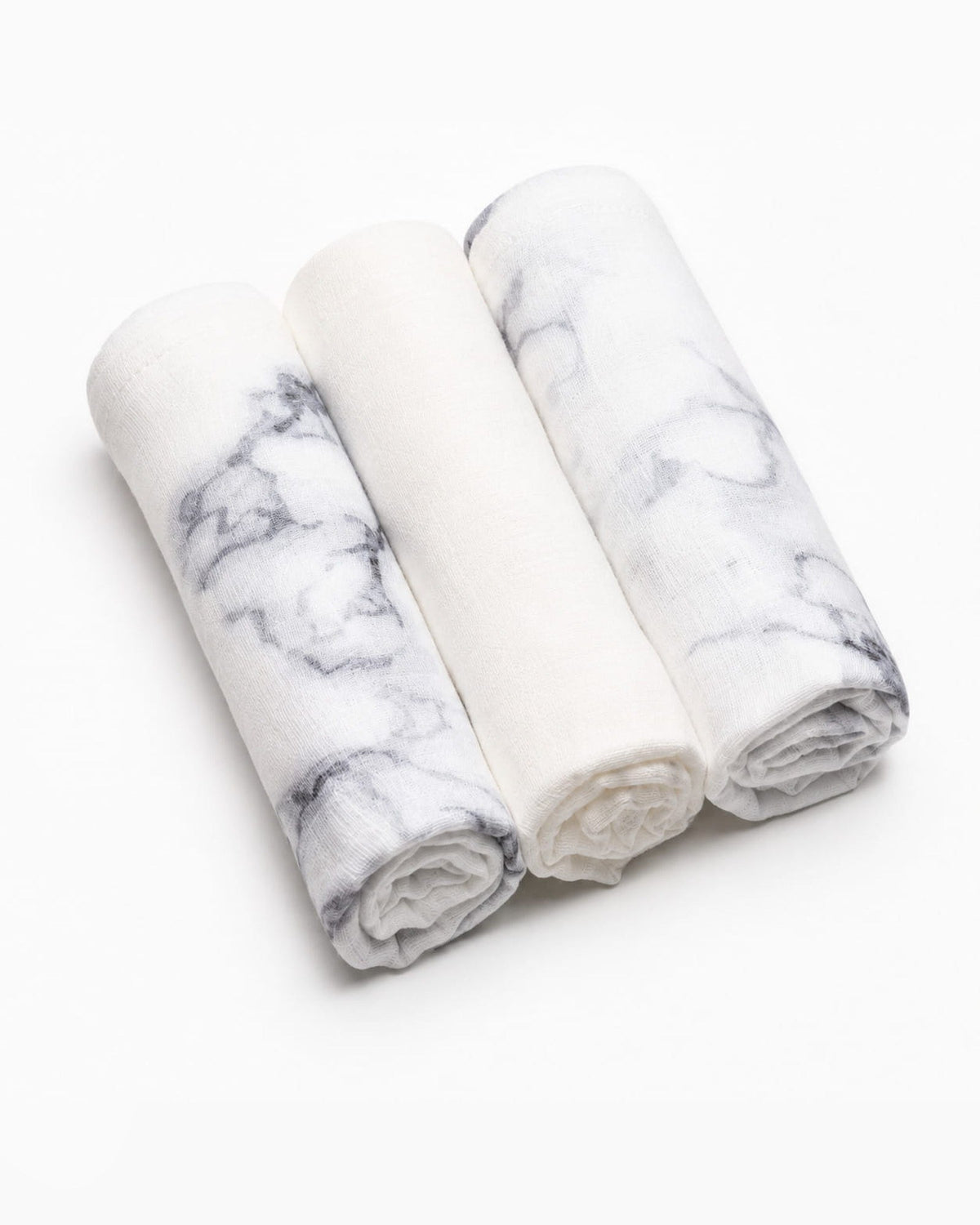 MIMMTI hydrofiele doeken 3-pack opgerold, marmerprint en effen wit