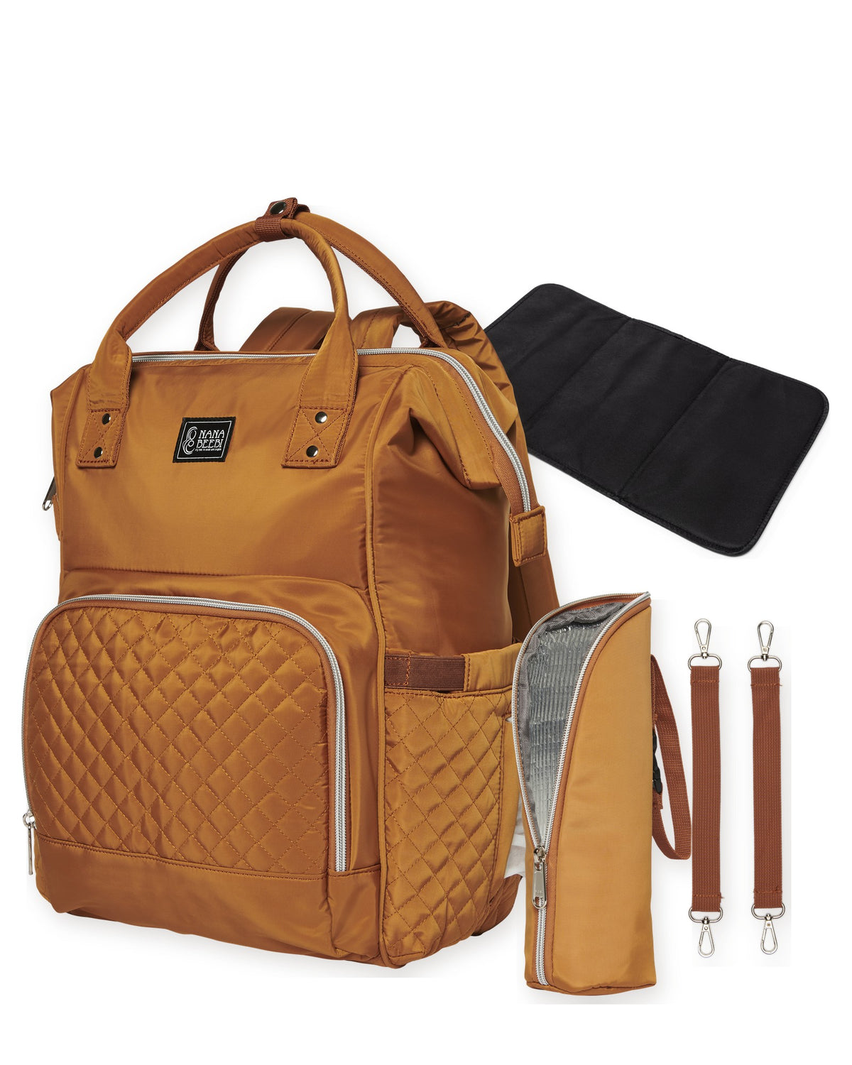 NanaBeebi 1.0 cognac met gratis flessenwarmhouder, kinderwagenclips en verschoonmatje