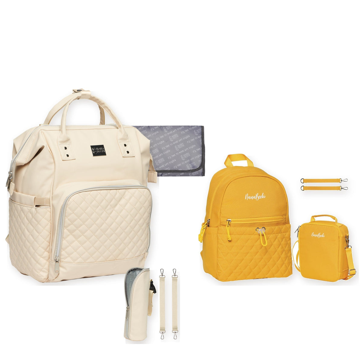 Outlet Duo: NanaBeebi 2.0 crème met accessoires en okergele kinderrugzak met lunchbag