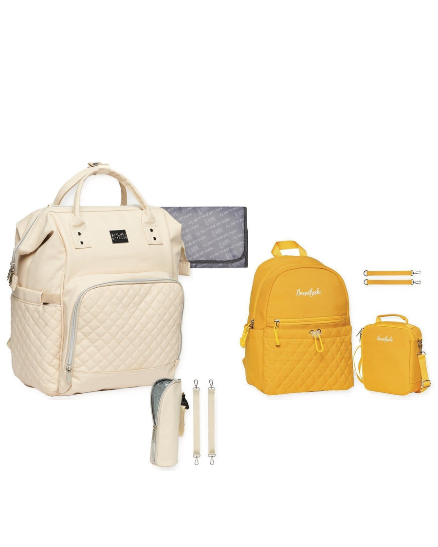 Outlet Duo: NanaBeebi 2.0 crème + outlet kinderrugzak Okergeel