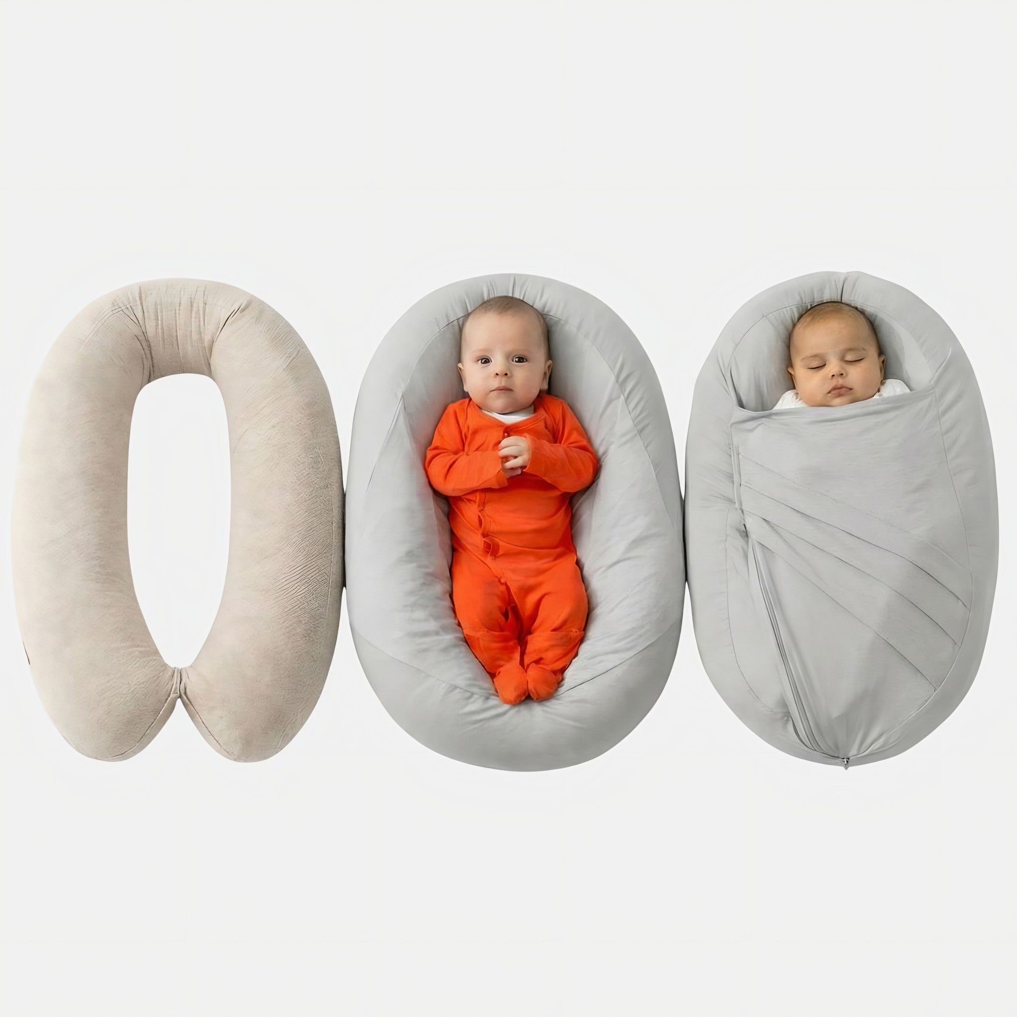Sleepynest hoes voor je voedingskussen in grijs: kussen, hoes en ingebakerde baby