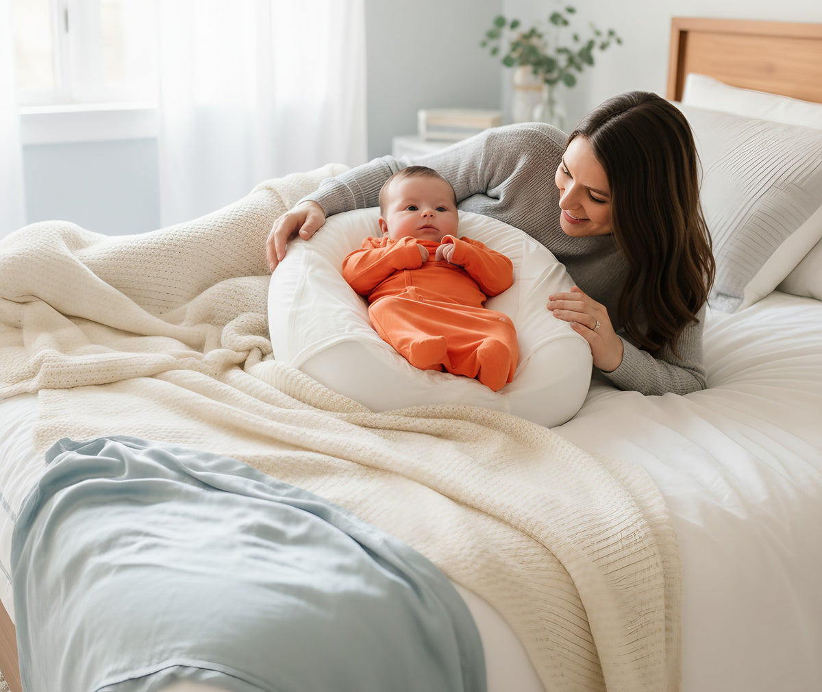 Moeder naast haar baby in de Sleepynest op bed
