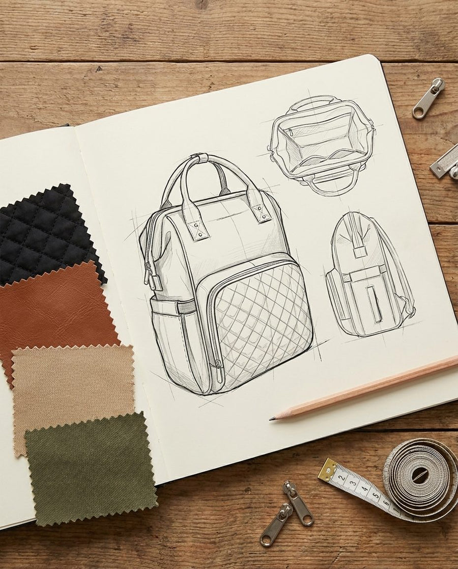 Design sketch of the MIMMTI 1.0 diaper bag backpack with fabric swatches